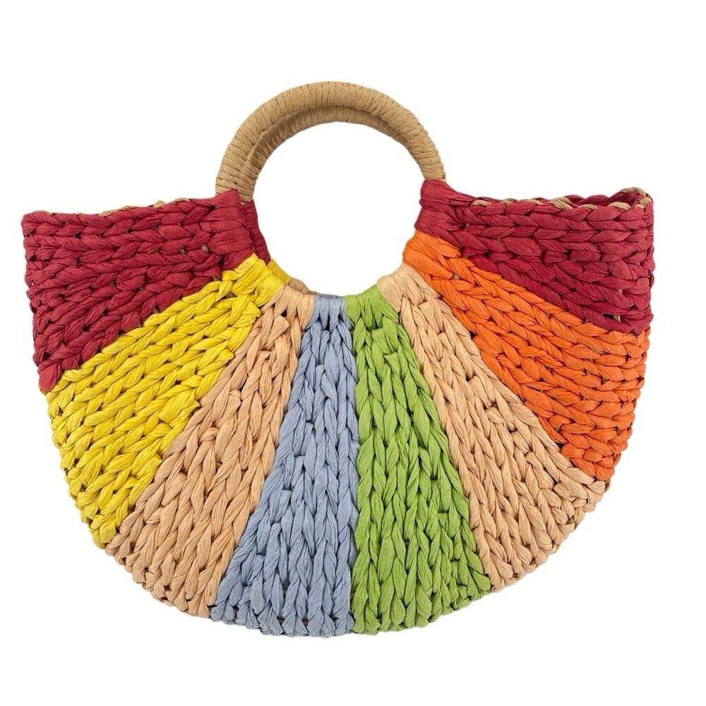 Rainbow Boho Straw Tote Bag Colorblock Resort Beach Vacation Top Handle Handbag - Picture 9 of 10